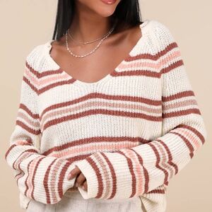 Lulus Deela Ivory Striped V-neck Pullover Sweater White - Size XS